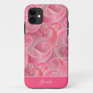 Girly Pink Paisley Pattern with Name iPhone 11 Case