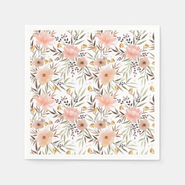 Girly Pink Peach Floral Leaves Pattern Napkins (Front)
