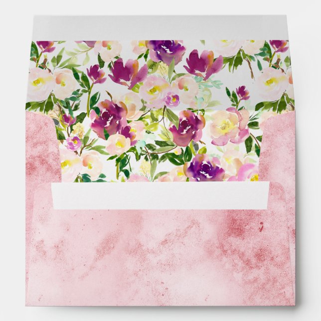 Girly Pink Peach Purple Burgundy Watercolor Floral Envelope (Back (Bottom))