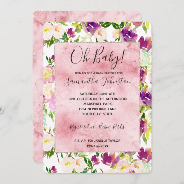 Girly Pink Peach Purple Burgundy Watercolor Floral Invitation (Front/Back)