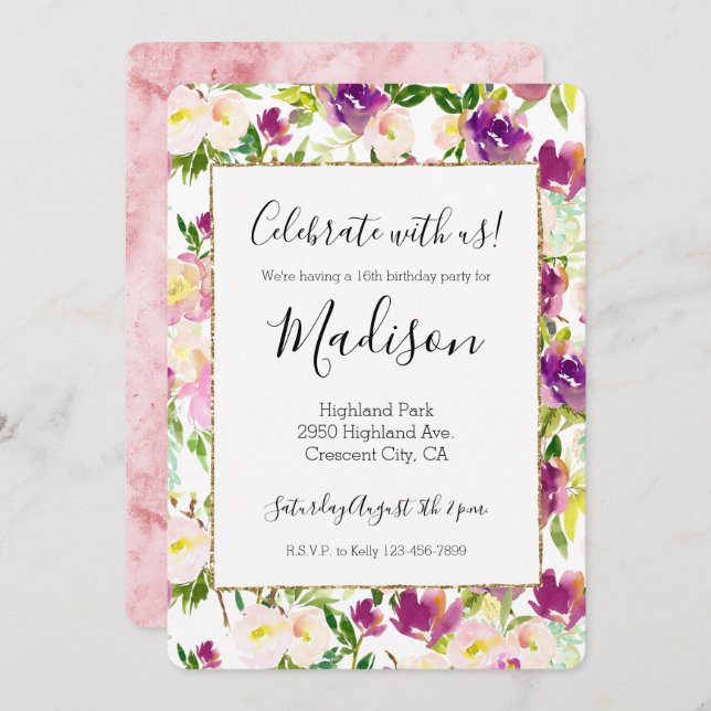 Girly Pink Peach Purple Burgundy Watercolor Floral Invitation (Front/Back)