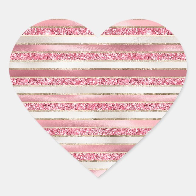 Girly Pink Pearl Glitter Stripes Heart Sticker (Front)
