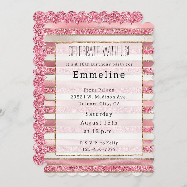 Girly Pink Pearl Glitter Stripes Invitation (Front/Back)