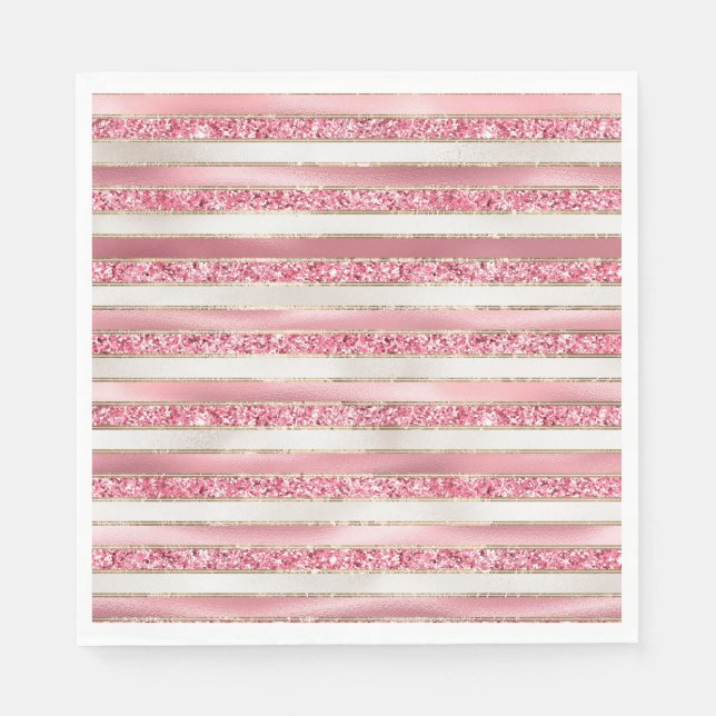 Girly Pink Pearl Glitter Stripes Napkin (Front)