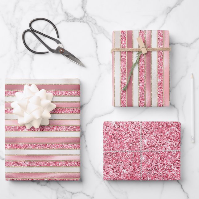 Girly Pink Pearl Glitter Stripes Wrapping Paper Sheet (Front)