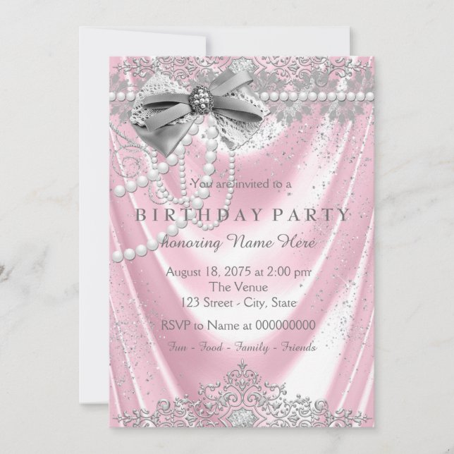 Girly Pink Pearl Satin Pink Grey Birthday Party Invitation (Front)