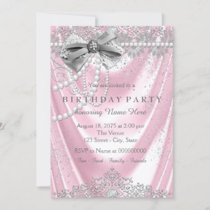 Girly Pink Pearl Satin Pink Grey Birthday Party Invitation
