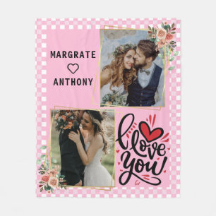 Girly Pink Personalised Couple Photo and Names Fleece Blanket