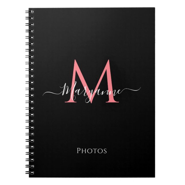 Girly Pink Personalised Monogram Black Notebook (Front)