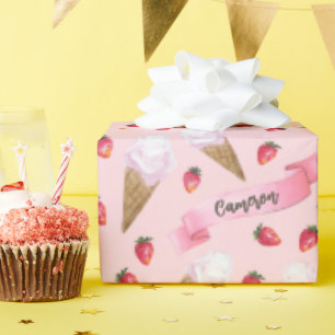 Girly Pink Personalised Strawberry Ice Cream Cone Wrapping Paper