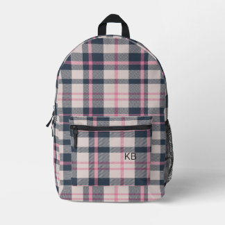Girly Pink Plaid Tartan Check Monogram Initials Printed Backpack