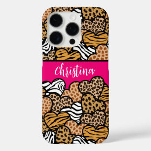 Girly Pink Playful Animal Print Hearts Name  iPhone 16 Pro Case