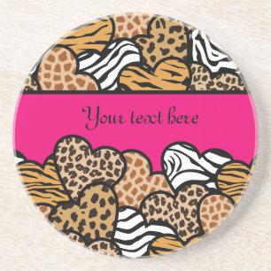 Girly Pink Playful Animal Print Hearts Name  Coaster