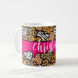 Girly Pink Playful Animal Print Hearts Name  Coffee Mug