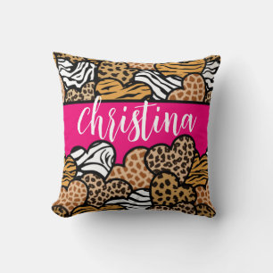 Girly Pink Playful Animal Print Hearts Name Cushion