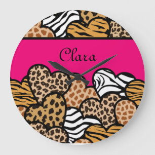 Girly Pink Playful Animal Print Hearts Name  Large Clock