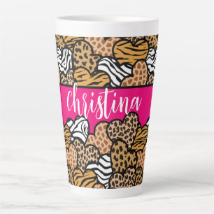 Girly Pink Playful Animal Print Hearts Name  Latte Mug