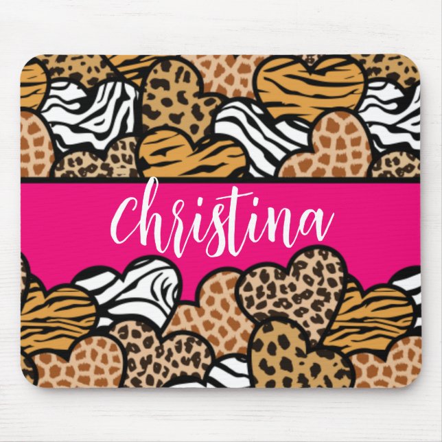 Girly Pink Playful Animal Print Hearts Name  Mouse Pad (Front)