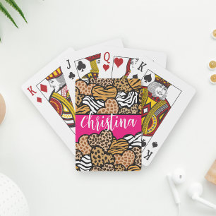 Girly Pink Playful Animal Print Hearts Name  Playing Cards