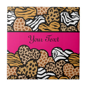 Girly Pink Playful Animal Print Hearts Name  Tile
