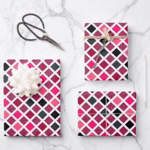 Girly Pink Plum Glitter Geometric Pattern Wrapping Paper Sheet