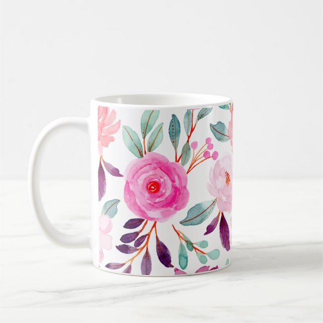 Girly Pink Plum Lilac Floral Pattern Coffee Mug (Left)