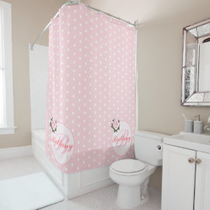 Girly Pink Polka Dot Flower Monogrammed Bath Shower Curtain