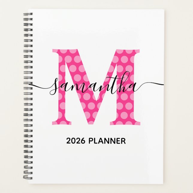 Girly Pink Polka Dot Monogram Planner (Front)