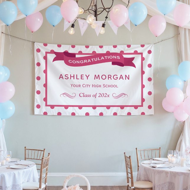 Girly Pink Polka Dots Congrats Graduation Party Banner (Creator Uploaded)