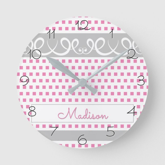 Girly Pink Polka Dots with Swirls and Name Round Clock (Front)