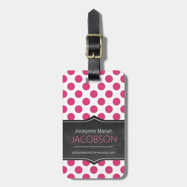 Girly Pink Polkadots Chalkboard Personalised Luggage Tag (Front Vertical)