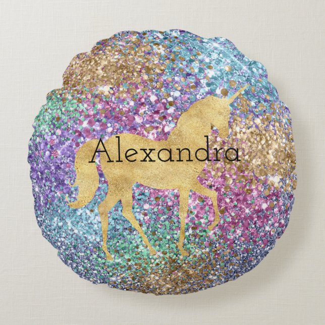 Girly Pink Purple Aqua Mint Gold Unicorn Sparkle  Round Cushion (Front)