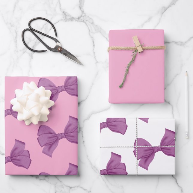Girly Pink Purple Bow Birthday Wrapping Paper Sheet (Front)