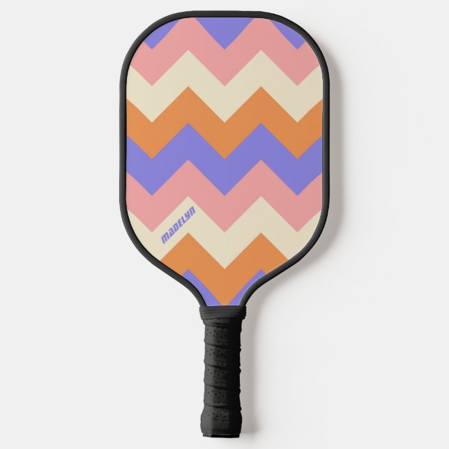 Girly Pink Purple Chevron Pattern Custom Name Pickleball Paddle (Back)