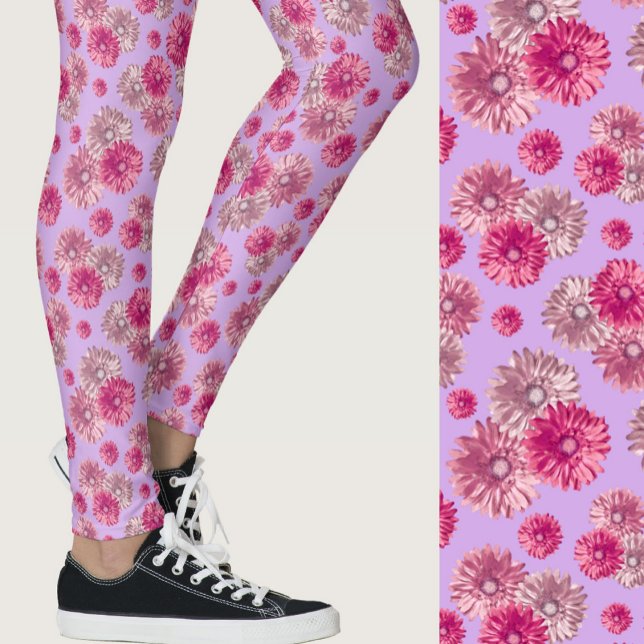 Girly pink purple gerbera daisy floral Patterned Leggings (Creator Uploaded)
