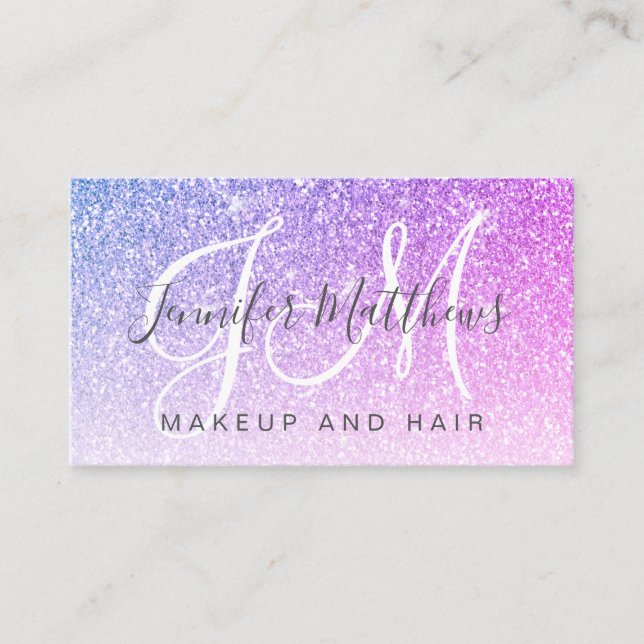 Girly Pink Purple Glitter Makeup Artist Hair Salon Business Card (Front)