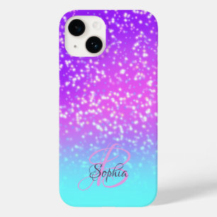 Girly Pink & Purple Glitter Name Monogram Case-Mate iPhone 14 Case