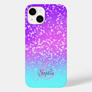 Girly Pink & Purple Glitter Name Monogram Case-Mate iPhone 14 Case