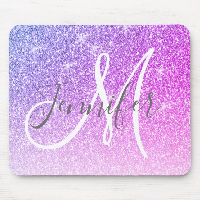 Girly Pink Purple Glitter Sparkles Monogram Name Mouse Pad (Front)
