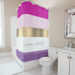 Girly pink purple gold stripe custom family shower curtain