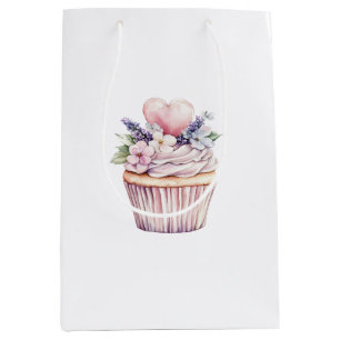 Girly Pink Purple Heart Floral Cupcake Birthday Medium Gift Bag