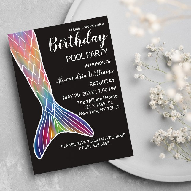 Girly Pink Purple Navy Mermaid Tail Pool Birthday Invitation (Girly Pink Purple Navy Mermaid Tail Pool Birthday)