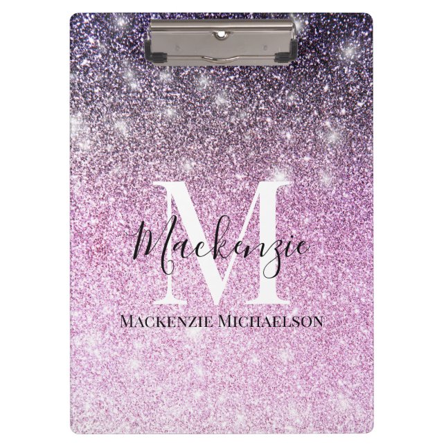 Girly Pink Purple Ombre Glitter Monogram Name  Clipboard (Front)