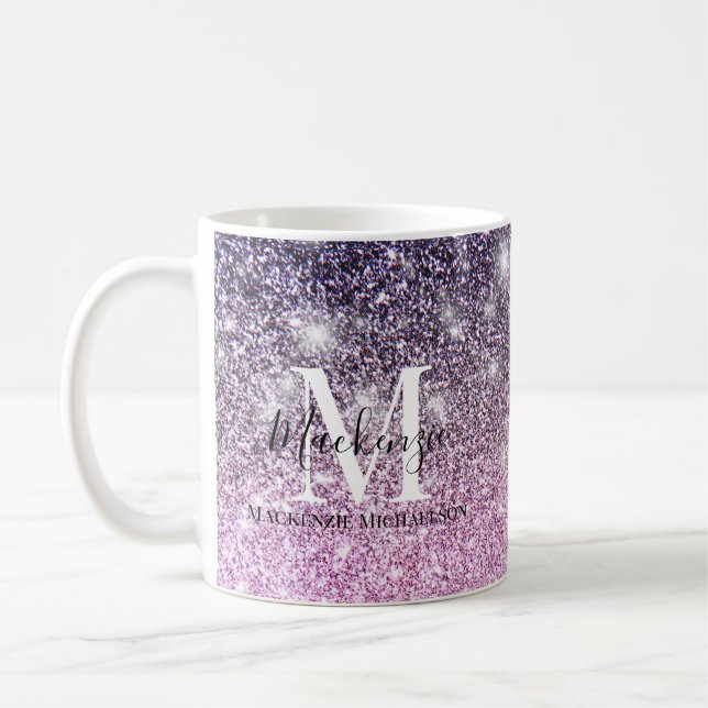 Girly Pink Purple Ombre Glitter Monogram Name  Coffee Mug (Left)