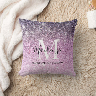 Girly Pink Purple Ombre Glitter Monogram Name Cushion