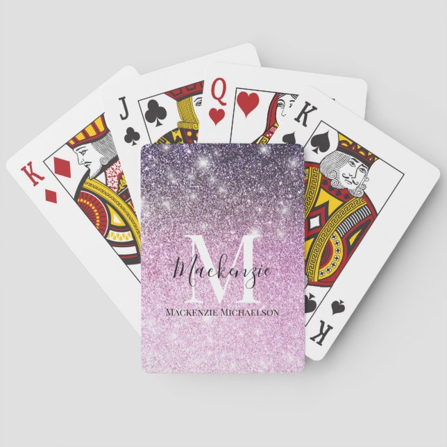 Girly Pink Purple Ombre Glitter Monogram Name Playing Cards (Back)