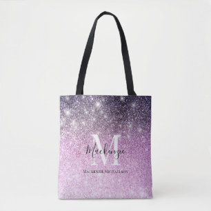 Girly Pink Purple Ombre Glitter Monogram Name Tote Bag