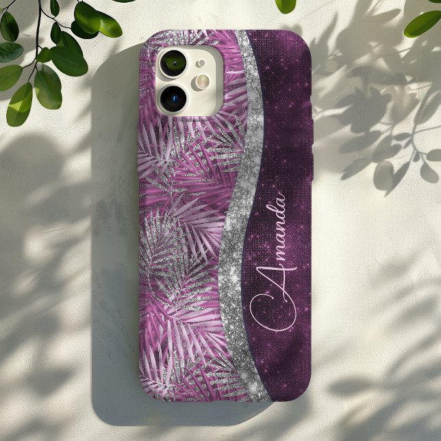 Girly pink purple silver glitter leaves monogram Case-Mate iPhone case (Creator Uploaded)