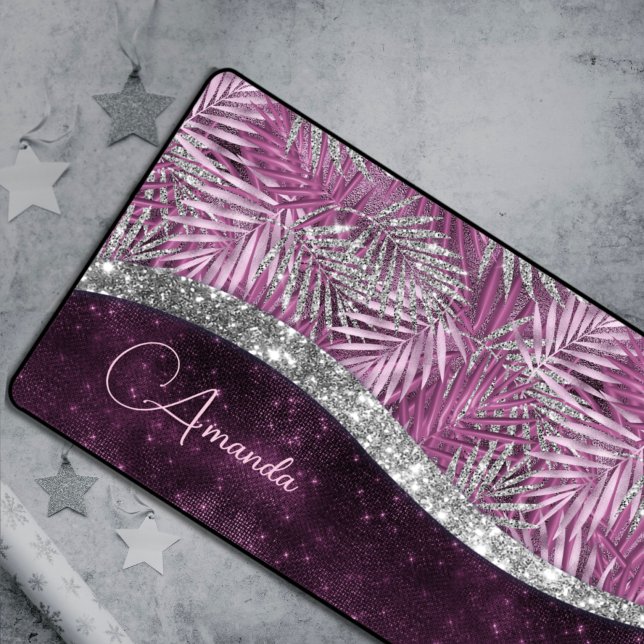 Girly pink purple silver glitter leaves monogram desk mat (Creator Uploaded)