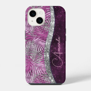 Girly pink purple silver glitter leaves monogram iPhone 14 case